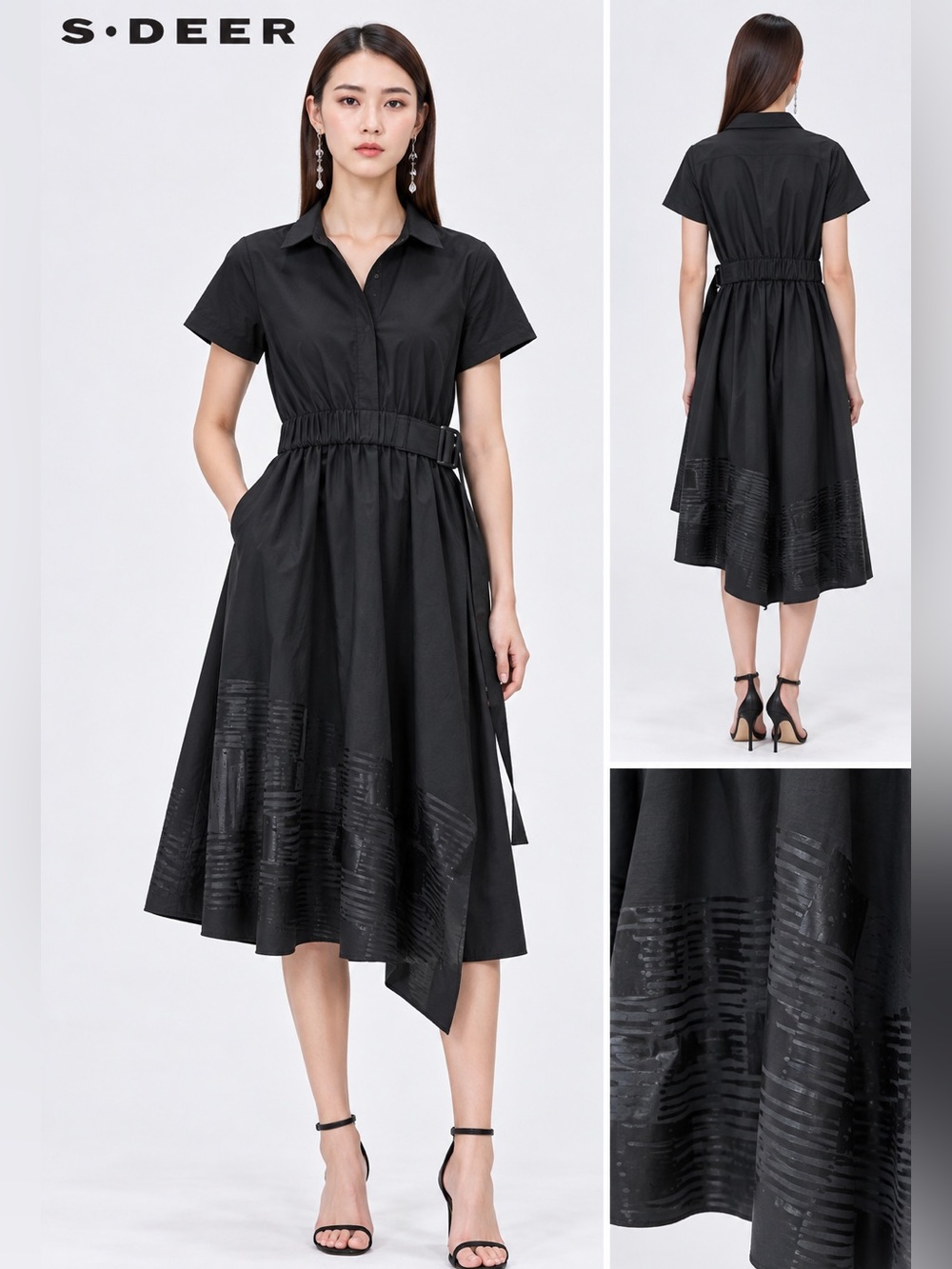 S DEER Black Poplin Belted Asymmetrical MIDI Dress Tonal Jacquard Size L